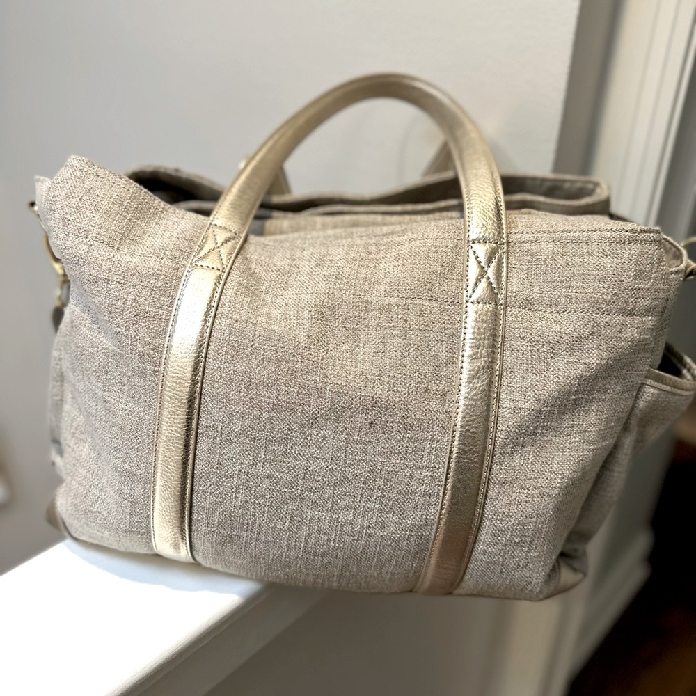 Pottery Barn Diaper Bag - Gray Linen & Gold straps
